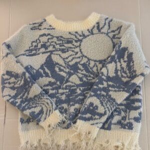 Altar'd State Blue and Cream Graphic Sweater - Frayed Sleeves and Bottom